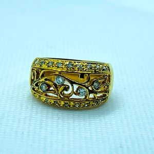 Gold-Tone Filigree Cocktail Ring with Rhinestones